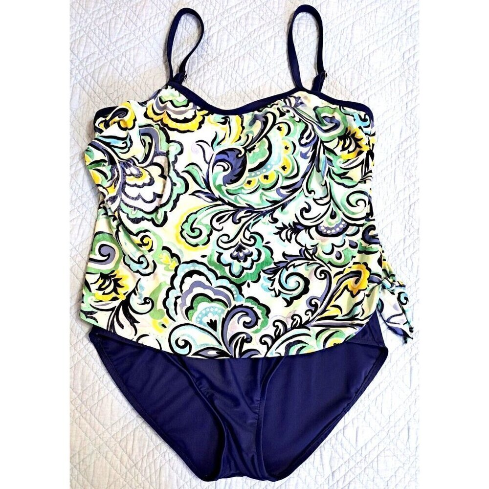 Maxine of Hollywood Women's 16 Blue Paisley Swimsuit One Piece Blouson Top